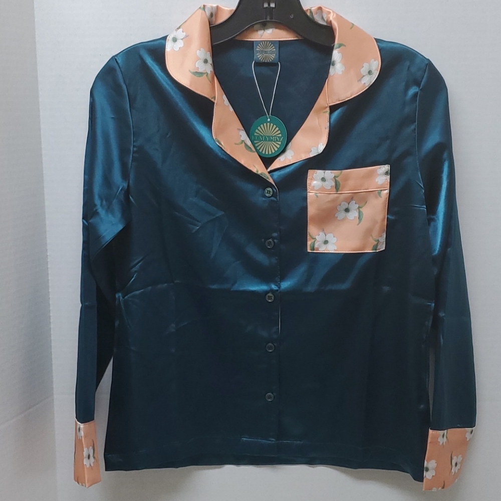 Honey Minx Green Peach Floral Pajama Top New